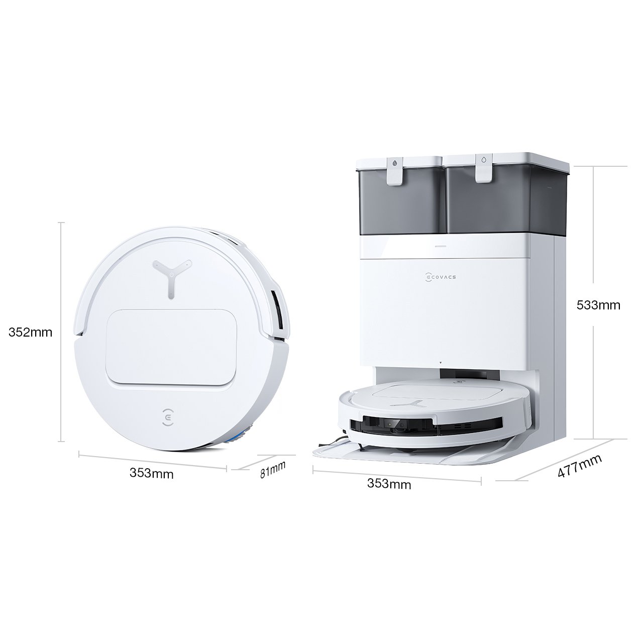 ECOVACS DEEBOT T50 PRO OMNI White robot and OMNI station with manufacturer dimension labels